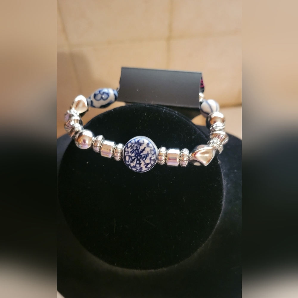 Paparazzi Blue and White Porcelain Bead Silver-Accent Stretch Bracelet